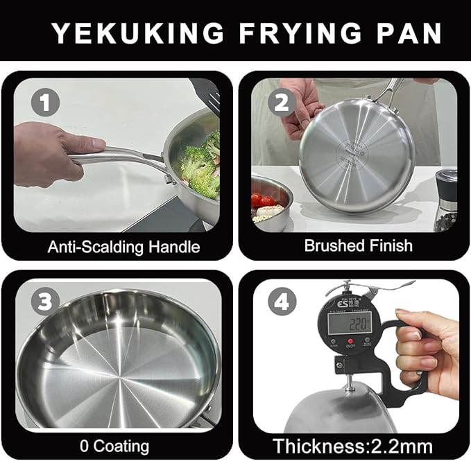 Tri-ply Stainless Steel Frying Pan 12 Inch with Lid Large Skillet for Chef's Cooking Pan Induction Oven Dishwasher Safe, Compatible with All Cooktops with Kitchen Tongs(Detachable Handle)