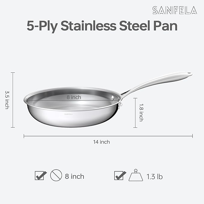 8 Inch Stainless Steel Frying Pan, 5-Ply Stainless Steel Pan, Dishwasher and Oven Safe, Induction Pan, Even Heat Distribution