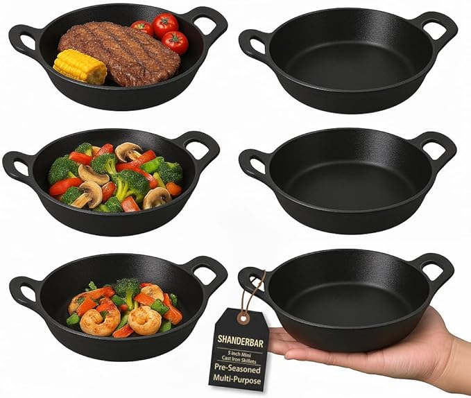 Mini Cast Iron Skillets Set of 6, 5 x 5 x 1.3 Inch Small Cast Iron Pan with Handles, Mini Ramekins Round Black Casserole Dish Cookware Small Skillets for Serving Food Frying Baking Cooking Roasting