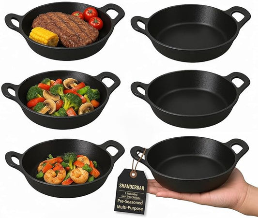 Mini Cast Iron Skillets Set of 6, 5 x 5 x 1.3 Inch Small Cast Iron Pan with Handles, Mini Ramekins Round Black Casserole Dish Cookware Small Skillets for Serving Food Frying Baking Cooking Roasting