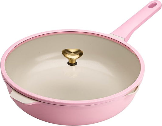 Paris Hilton Jumbo Sauté Pan with Lid, Cast Aluminum Cookware with Ceramic Nonstick Coating Made Without PFAS, PFOA, PFOS & PTFE, 4-Quart, Pink