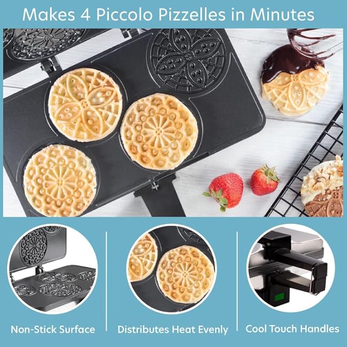Piccolo Pizzelle Baker- Nonstick Electric Press Makes 4 Mini Cookies at Once, Even Heating- Fun Baking Machine w Recipe Guide, Supplies for Easter Brunch Party, Italian Waffle Dessert Treat Making