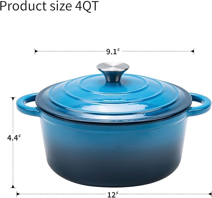 4QT Enameled Cast Iron Dutch Oven Pot with Lid,Heavy-Duty Cookware for Sourdough Bread Baking,Braising,Stews,Roasting,Oven Safe up to 500°F,blue
