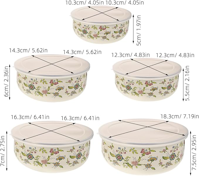 Cabilock 5pcs Enamel Bowls with Lids Mixing Bowls- Vintage Soup Bowl Storage Bowls Set Floral Design for Fruit Salad Pasta Dinner Kitchen