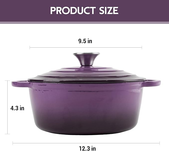 4.5 Quart Dutch Oven Enameled Cast Iron with Lid - Big Dual Handles - Oven Safe up to 500°F - Classic Round Pot for Versatile Cooking Purple