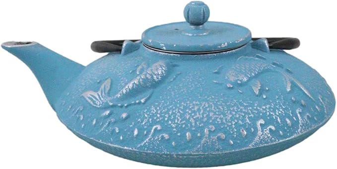 Ebros Gift Traditional Oriental Tetsubin Cast Iron Teapot With Enameled Interior 27oz Asian Japanese Chinese Fusion Housewarming Tea Pot Accent (Turquoise Blue Auspicious Koi Fishes)