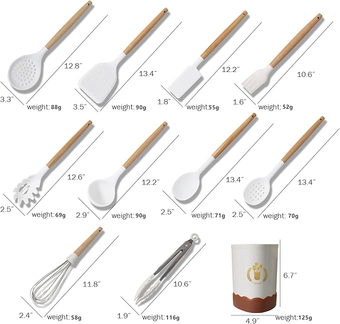 Orange Silicone Kitchen Cooking Utensils Set, Heat Resistant Silicone Kitchen Gadgets Utensils Set with Wooden Handle, Spoons Spatula Whisk with Holder for Nonstick Cookware