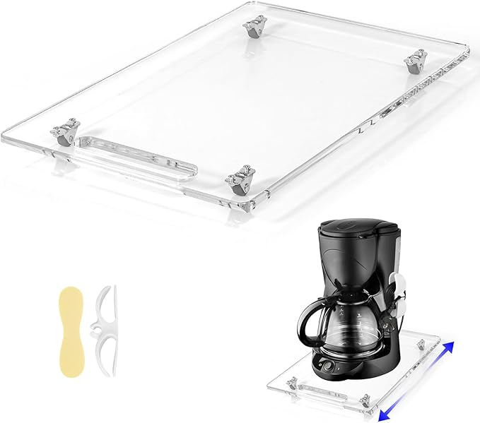 Acrylic Appliance Slider with Rubber Wheels, Sliding Tray for Heavy Kitchen Appliances, Coffee Maker Slider Tray for Counter, Countertop Moving Tray Accessories for Kitchen - 9.8" x 14" (Clear)