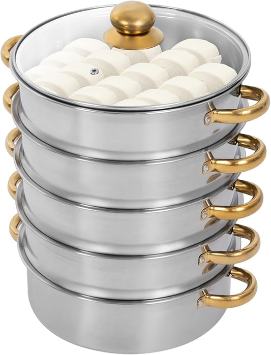 5-Tier Stainless Steel Steamer Pot, 1.32 Gal Large Capacity Stackable Food Steamer for Healthy Cooking, with Clear Lid & Gold Handle, Fits Gas/Induction/Electric Stoves, Silver/Gold