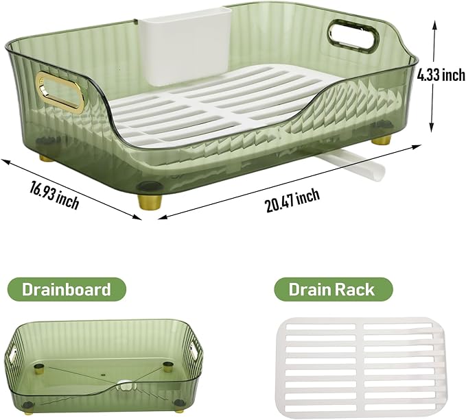 Dish Drying Rack, Plastic Dish Rack, Large Capacity Dish Drainer Rack, Space Saving Plate Drying Rack, Clear Kitchen Draining Rack for Chopsticks Bowl Plate Spoon (Green)