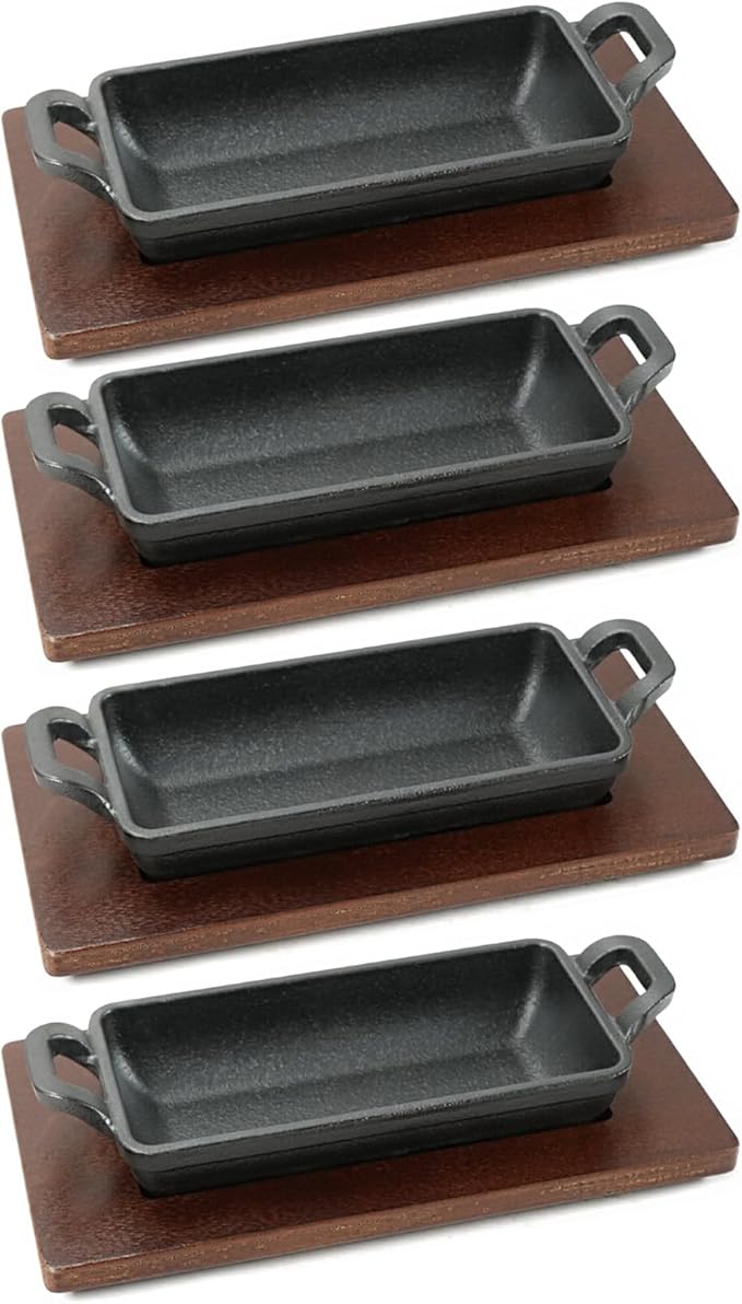 HAWOK Cast Iron Rectangle Mini Server, 7.76”Lx2.95”W x1.26”H, Serving Dish Pans, with Wooden Underliner, Set of 4 Black