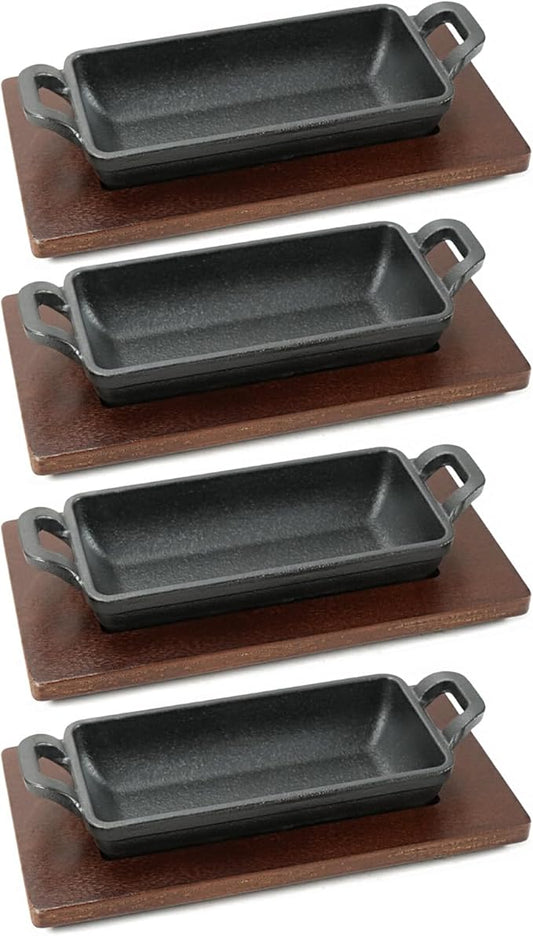 HAWOK Cast Iron Rectangle Mini Server, 7.76”Lx2.95”W x1.26”H, Serving Dish Pans, with Wooden Underliner, Set of 4 Black