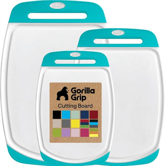 GORILLA GRIP BPA-Free Reversible Kitchen Cutting Board Set of 3, US Designed, Nonporous, Juice Grooves Catch Liquid, Slip Resistant Border, Dishwasher Safe Durable Large Food Chopping Boards Turquoise