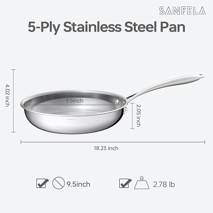 5-Ply 9.5 Inch and 11 Inch Stainless Steel Frying Pans, Dishwasher and Oven Safe, Induction Pan, Even Heat Distribution