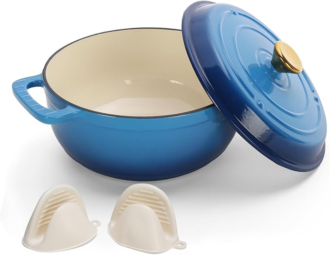 Bonnlo 5QT Round Dutch Oven, Enameled Cast Iron Dutch Oven Pot with Lid & Dual Handles, Oven Safe Up to 500° F, for Sourdough, Bread Baking, Stews and Roasting, Blue