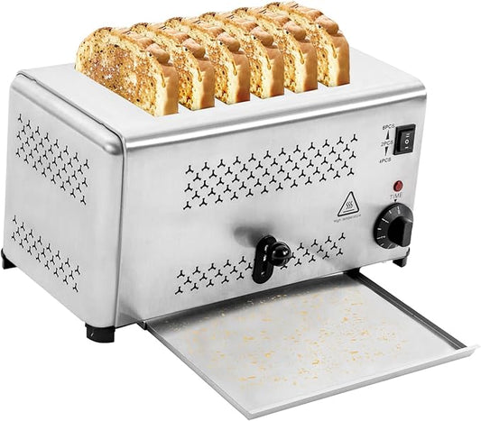 6 Slice Bread Toaster, 1650W Stainless Steel Commercial Toaster with Wide Slots, Electric Bread Baking Machine with Timing Function, 5 Settings for Restaurant Kitchen, Bakery, Home Use