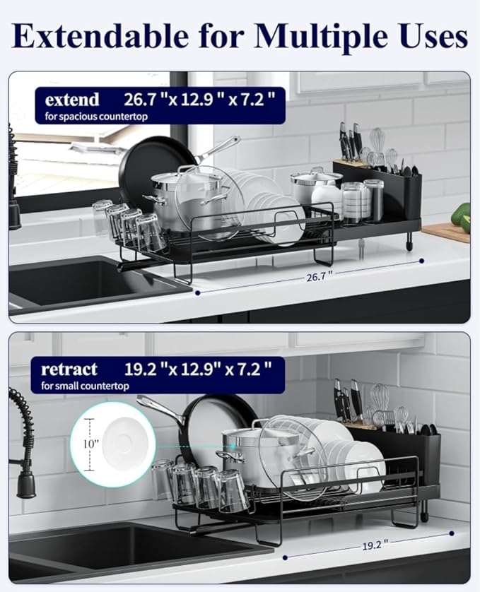 Large Dish Drying Rack-Extendable DishRack, Multifunctional Dish Rack for KitchenCounter, Anti-Rust Dish Drainers with Cutlery &Cup Holders 19.2"-26.7" Lx12.9 W