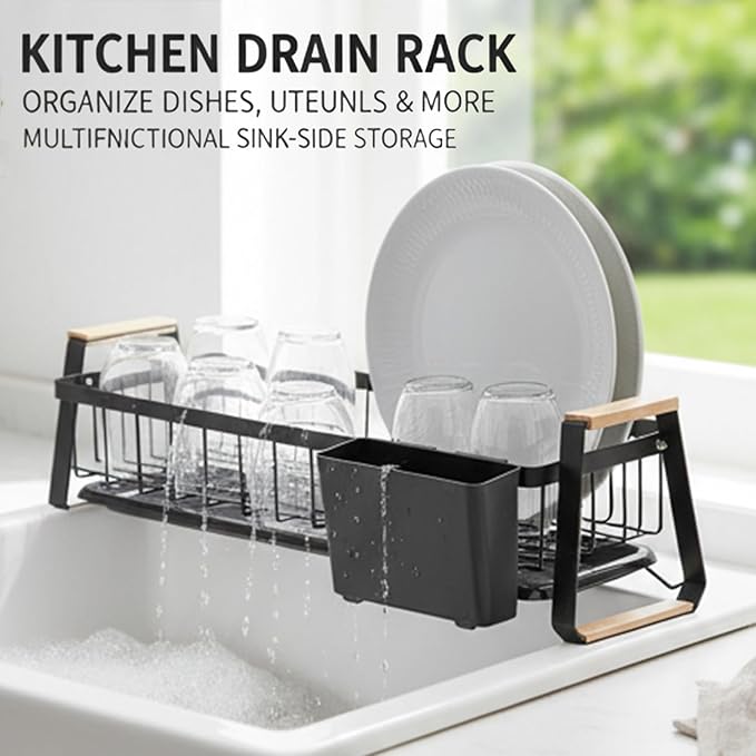 Dish Rack, Over Sink Metal and Wood Dish Drainer with Detachable Drip Tray and Utensil Holder, Space Saving Kitchen Organizer for Countertop (Black)