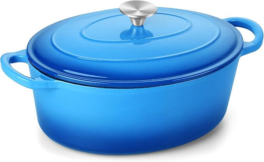 TeamFar 7QT Oval Dutch Oven, Enameled Cast Iron Dutch Oven Pot with Lid, For Bread Baking/Stewing/Braising/Frying, Suitable for Various Stoves, Non-stick & Easy Clean, Blue