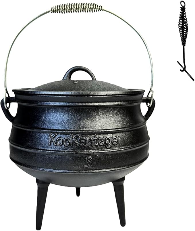 8-Quart Pre-Seasoned Cast Iron Cauldron - African Potjie Pot with Lid - 3-Legged Pot for Even Heat Distribution - Outdoor Cast Iron Dutch Oven Cookware for Campfire Cooking and Boiling