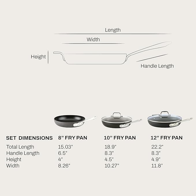 All-Clad HA1 Hard Anodized Nonstick Fry Pan Set – 3-Piece Cookware, 8", 10", 12" Skillets with Lid, Induction Compatible, Oven Safe to 500°F, Lid Safe to 350°F, Black