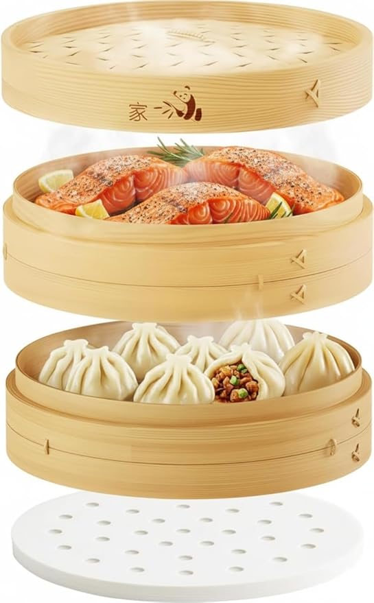 Prime Home Direct Bamboo Steamer Basket 12-Inch | 2-Tier Steamer for Cooking | 50 Liners, Chopsticks, Sauce Dish | Steaming Asian Food, Bao Buns, Chinese, Dim Sum, Dumpling, Rice, Vegetable Steam Pot