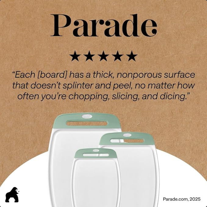 GORILLA GRIP BPA-Free Reversible Kitchen Cutting Board Set of 3, US Designed, Nonporous, Juice Grooves Catch Liquid, Slip Resistant Border, Dishwasher Safe, Durable Large Food Chopping Boards, Mint