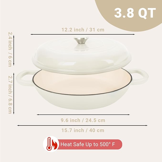 Enameled Cast Iron Dutch Oven, 3.8 Quart Pot With Lid, Non-Stick, Round, Oven Safe up to 500F for Marinate, Cook, Bake, Refrigerate and Serve - Cream White