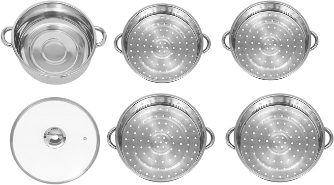 5-Layer Stainless Steel Steamer, 28CM Commercial Food-Grade Steamer Cookware Steaming Pot Tool w/Glass Lid Foods Steamers for Induction Cookers, Electric Ceramic Stoves, Gas Stoves (Silver, 28CM)