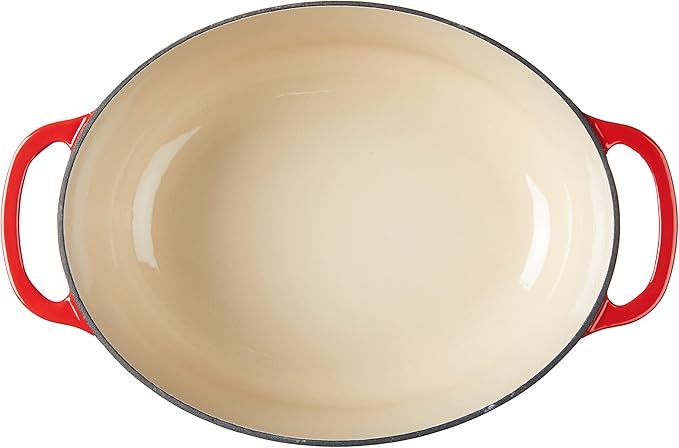 Lodge 7 Quart Enameled Cast Iron Oval Dutch Oven with Lid – Dual Handles – Oven Safe up to 500° F or on Stovetop - Use to Marinate, Cook, Bake, Refrigerate and Serve – Red