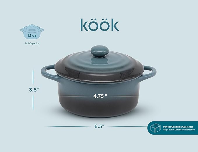 Kook Ceramic Mini Cocotte Set, Small Casserole Dishes with Lids and Handles, Individual Baking Ramekins, Oven safe 500F, Microwave & Dishwasher Safe, Stoneware, 12 oz, Set of 4, (Stone Ombre)