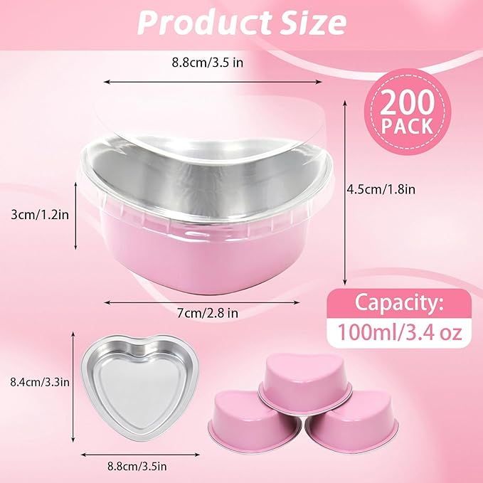 200 Pack 3.4 oz Pink Heart Shaped Mini Cake Pans with Lids, Disposable Aluminum Foil Pans for Valentine's Day Gifts, Cheesecake, Brownies & Romantic Parties