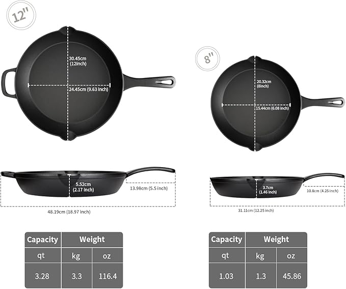 Cast Iron Skillet Set (8” + 12”) – Pre-Seasoned Frying Pan Duo, Holiday Kitchen Cookware Set for Everyday Cooking, Oven & Grill Safe