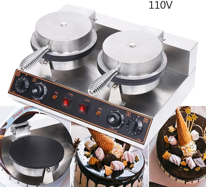 LYNICESHOP Commercial Waffle Cone Maker, 2 Grids Commercial Waffle Maker Nonstick Cone Ice Cream Waffle Baking Machine Electric Stainless Steel Egg Roll Mold Nonstick Waffle Cone Maker