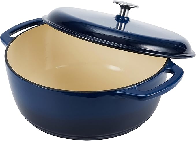 Amazon Basics Enameled Cast Iron Dutch Oven Pot with Lid, Round, Dual Handles, Heavy-Duty, Oven Safe for Baking, Roasting, Stews, 7.3-Quart, Navy