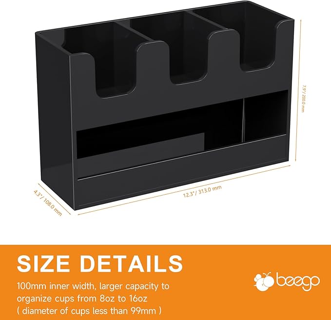 Beego 4-Compartment Cup Holder for Countertop - 2-Tier Black Acrylic Cup Dispenser Coffee Station Paper Cup and Lid Organizer Condiment Storage for Restaurant Breakroom Kitchen Bar Accessories