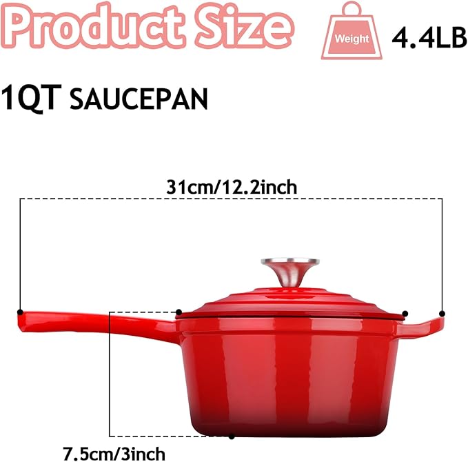 TeamFar Enameled Cast Iron Sauce Pan, 1QT Small Sauce Pot with Lid, Mini Dutch Oven Saucepan for Cooking/Simmering/Baking/Boiling, Sturdy & Nonstick, Oven Safe & Fit for Induction-Red