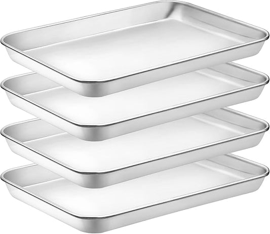 4 Pieces Baking Sheet Pan Tray, CEKEE Stainless Steel Small Cookie Sheets for Baking, Baking Sheets for Oven, Warp Resistant & Heavy Duty & Rust Free Baking Pans Set - Size 9.3 x 6.9 x 0.98 Inch
