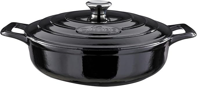 La Cuisine Enameled Cast Iron Braiser Saute Pan Shallow Casserole with lid, 3.75 Quart (QT) 11" Diameter Matte Black Enamel Coating Interior, Glossy Black Porcelain Enamel Coating Exterior