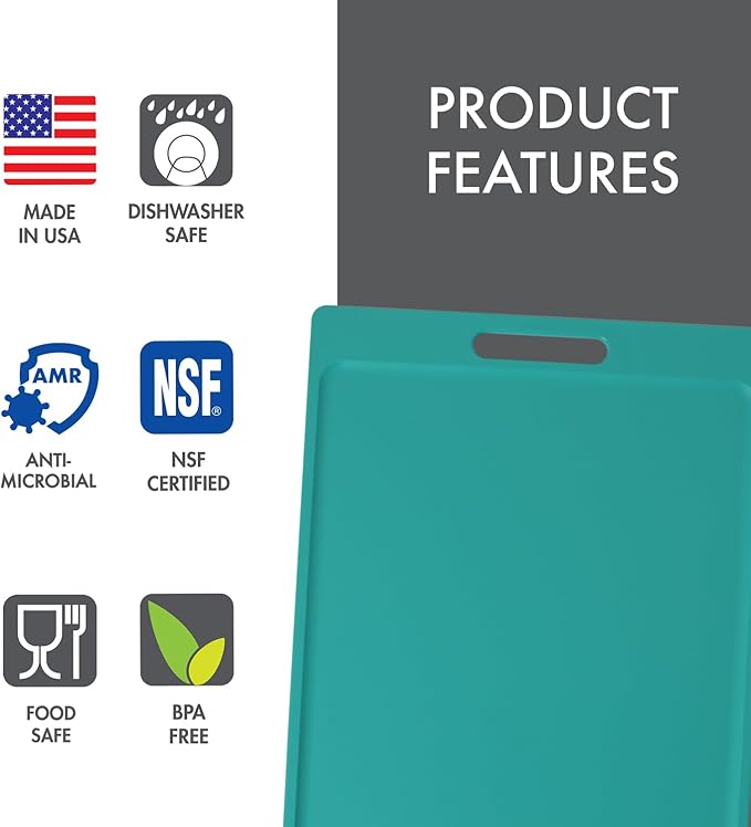 Dexas NSF Certified Polysafe Cutting Board with Handle, 11 x 14.5 Inches, Reversible Kitchen Cutting Board, Teal Green