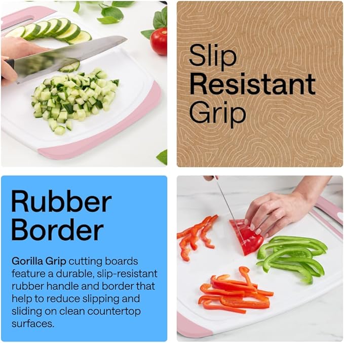 GORILLA GRIP BPA-Free Reversible Kitchen Cutting Board Set of 3, US Designed, Nonporous, Juice Grooves Catch Liquid, Slip Resistant Border, Dishwasher Safe, Durable Large Food Chopping Boards, Pink