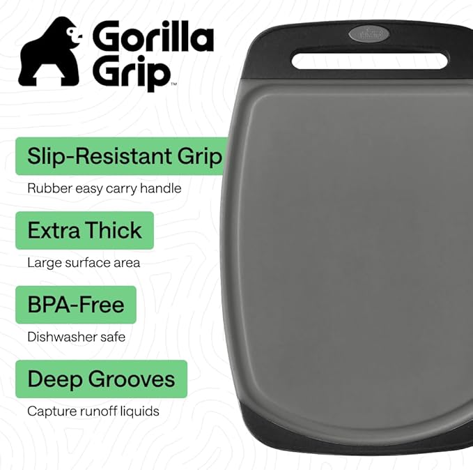 GORILLA GRIP BPA-Free Reversible Kitchen Cutting Board Set of 3, US Designed, Nonporous, Juice Grooves Catch Liquid, Slip Resistant Border, Dishwasher Safe, Durable Food Chopping Boards, Gray Black