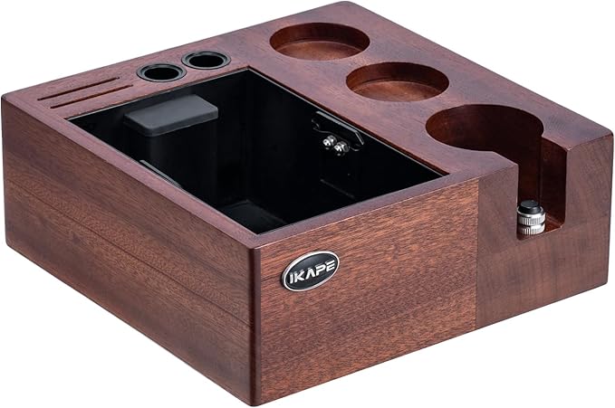 IKAPE V2 Espresso Knock Box, Espresso Coffee Organizer Box Fit for Storage 51mm 53/54mm 58mm Espresso Tamper, Distributor, Portafilter & Puck Screen Accessories, Natural Walnut Station Base (8 IN One)