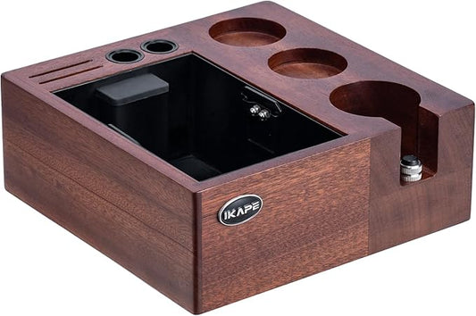 IKAPE V2 Espresso Knock Box, Espresso Coffee Organizer Box Fit for Storage 51mm 53/54mm 58mm Espresso Tamper, Distributor, Portafilter & Puck Screen Accessories, Natural Walnut Station Base (8 IN One)