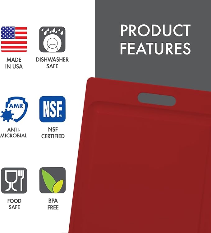 Dexas 4-Pack NSF Certified Polysafe Cutting Boards with Handle and Juice Well, 12 x 18 inches, Reversible Kitchen Cutting Board, Assorted Colors