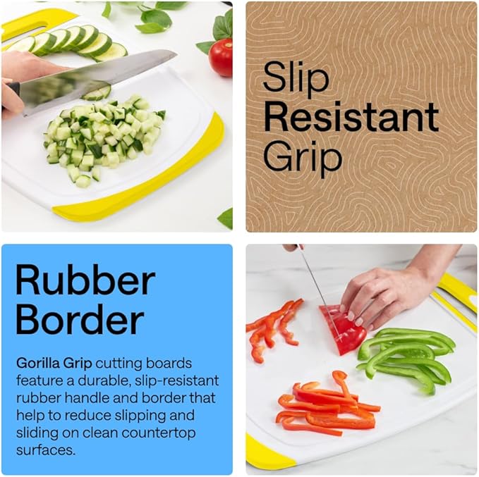 GORILLA GRIP BPA-Free Reversible Kitchen Cutting Board Set of 3, US Designed, Nonporous, Juice Grooves Catch Liquid, Slip Resistant Border, Dishwasher Safe, Durable Large Food Chopping Boards, Yellow