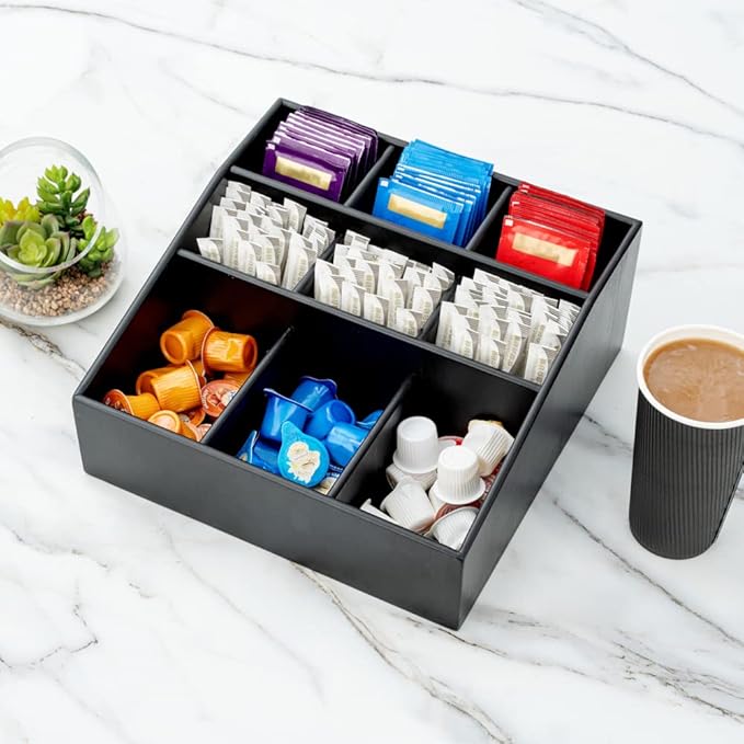 Restaurantware-11.75 x 5.5 Inch Coffee Condiment Organizer, 1 Square Creamer Organizer - 9 Compartments, Break-Resistant, Black Bamboo Coffee Accessory Caddy, Won't Chip, For Sugar Packets & Creamers