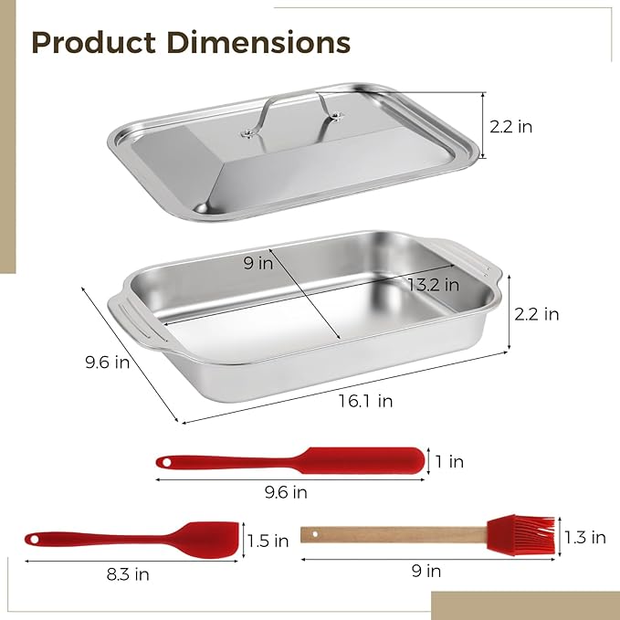 2 Pcs Stainless Steel Cake Pans, 9x13 Rectangular Baking Pans with Silicone Brush & Spatula, Cake Baking Trays with Double Handle, Rectangle Baking Bakeware for Breads, Meats (With lid)