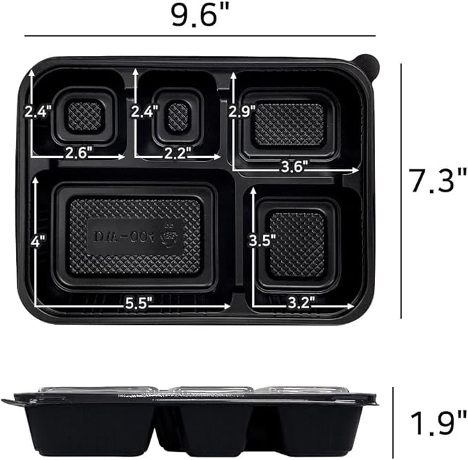 5 Compartment Meal Prep Containers With Lids - (50 Pack) Plastic Food Bento Boxes Stackable Reusable Disposable Microwaveable Safe