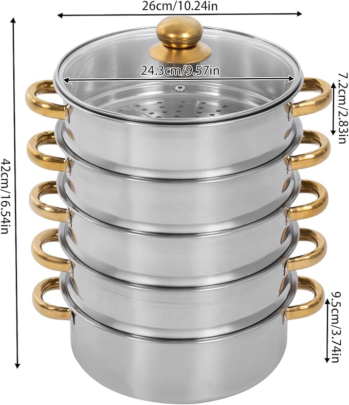 5-Tier Stainless Steel Steamer Pot, 1.32 Gal Large Capacity Stackable Food Steamer for Healthy Cooking, with Clear Lid & Gold Handle, Fits Gas/Induction/Electric Stoves, Silver/Gold